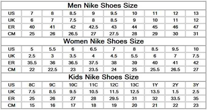 nike air rift size chart