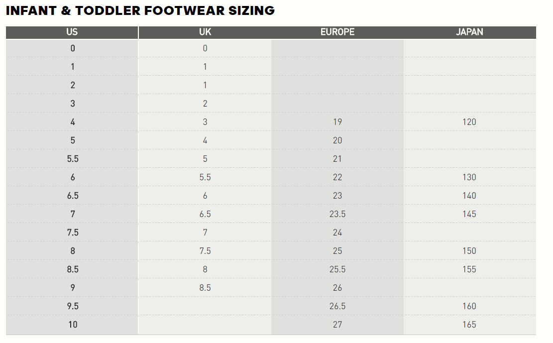 adidas size chart kid shoes
