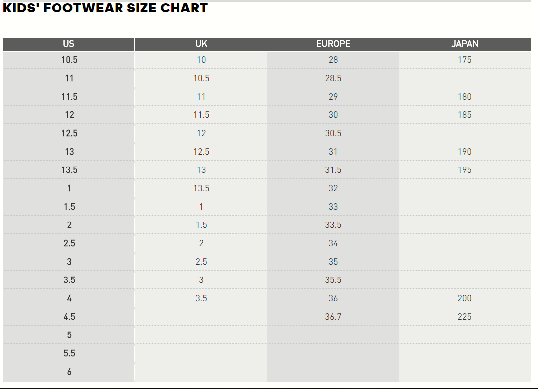 Puma Junior Size Chart