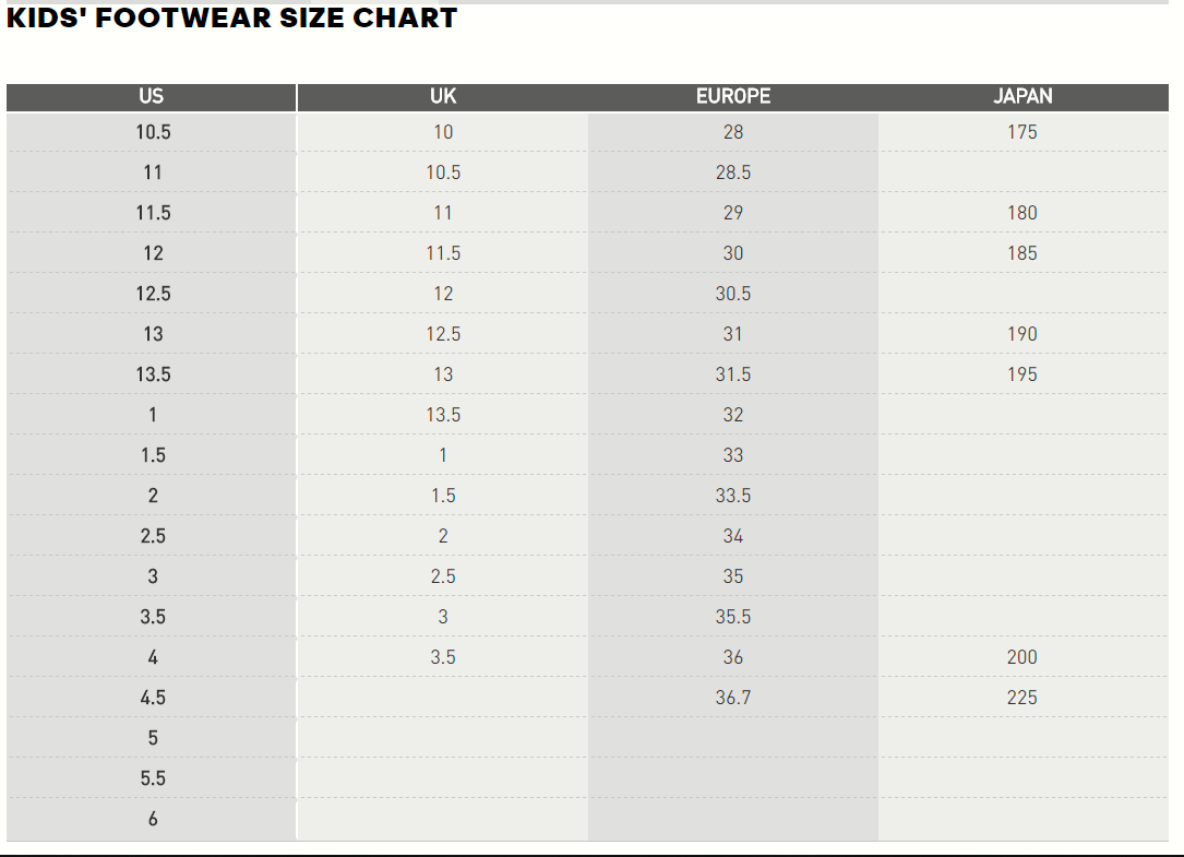 Puma Kids Shoes Size Chart